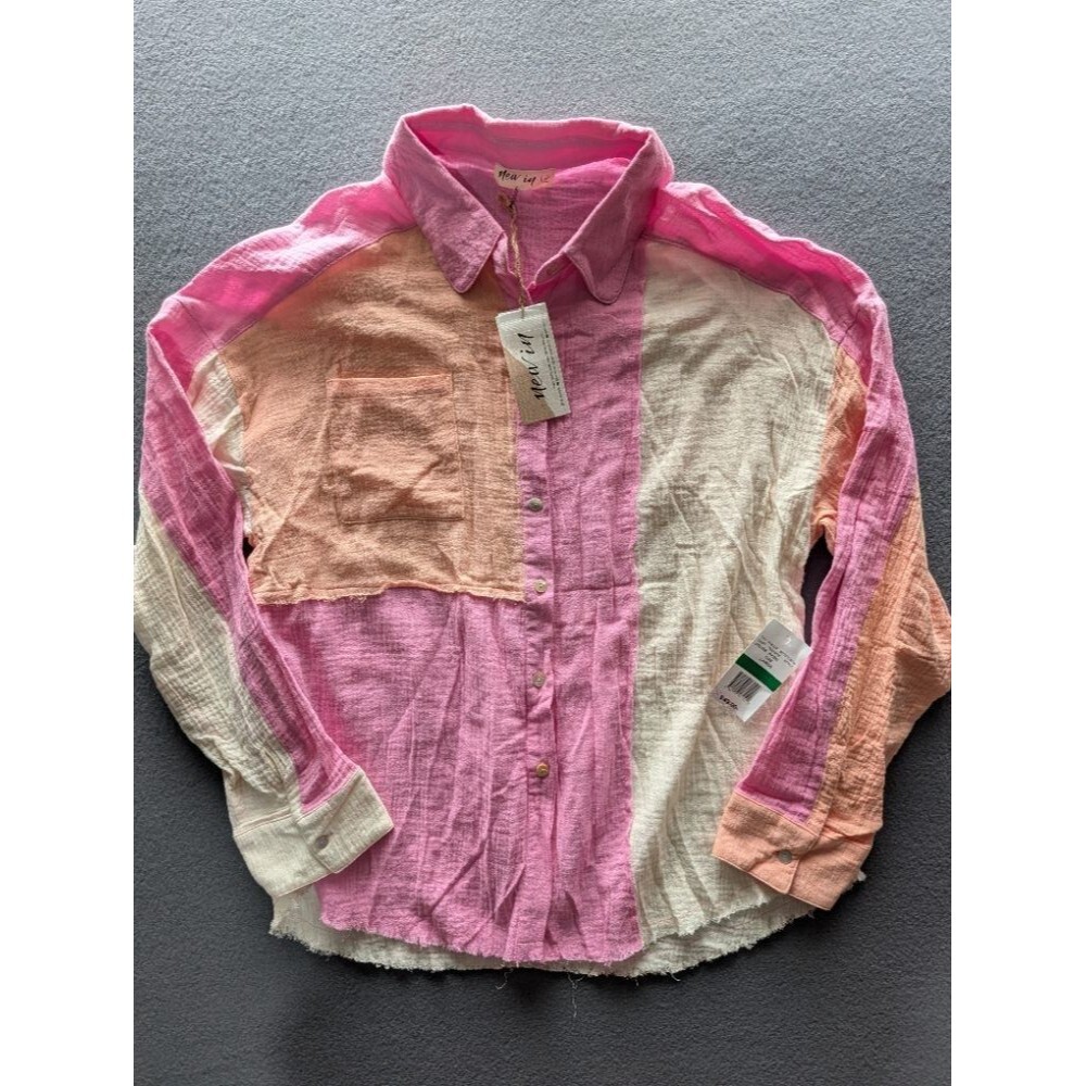 New In Women's Patchwork Button Down Shirt Long Sleeve Pink Mix Size Large NWT